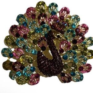 Huge fancy feather peacock pin gold tone finish
